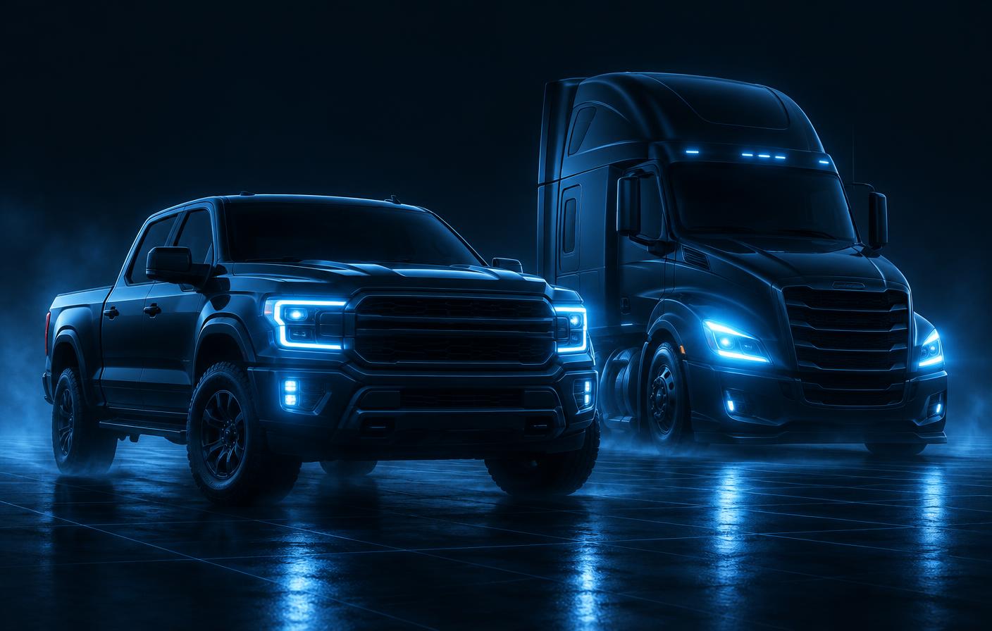 A pickup truck and a semi truck lit by glowing blue headlights